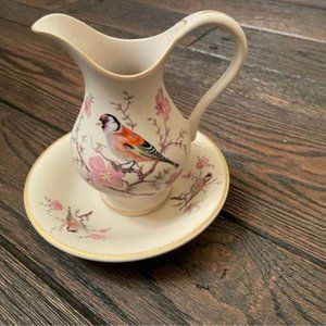 Vintage Ceramica Ibis Aveiro Portugal Jug and Dish Set w. Birds and Flowers